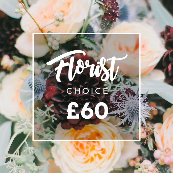 The photograph shows an abundant, hand-tied bouquet presented beneath a white, softly rounded square frame that carries the words of a florist's selection: flowing script for Florist, a small uppercase CHOICE, and a clear price, £60, in bold sans-serif, all in white to ensure legibility against the blossoms. Visually, the arrangement balances sumptuousness with restraint: a central deep burgundy dahlia anchors the piece with its plush, concentric petals, while surrounding garden roses in peach, cream and blush offer romantic, ruffled volumes. Cool-toned eryngium (sea holly) appears like miniature sculptures among the softer forms, its dusty blue spikes catching the light and adding an unexpected, modern edge. Small clusters of pale green or ivory berries (reminiscent of hypericum) introduce a pearlescent texture, and mixed greenery - eucalyptus with its grey-green patina, darker glossy leaves and delicate filler stems - provides a verdant framework that breathes between flowers. The lighting emphasizes tactile contrasts: the velvety dahlia, the satiny roses and the bristly thistle heads all read distinctly, inviting touch as well as sight. There's an artisan's hand visible in the grouping, the way stems are layered for depth and movement; it reads as a considered gift for moments of celebration or comfort. As a locally rooted designer who fills orders across Stamford Hill and nearby Stoke Newington - often drawing seasonal blooms from the local flower stalls and markets - I think of this bouquet as an assured, elegant option for someone seeking both drama and delicate warmth.