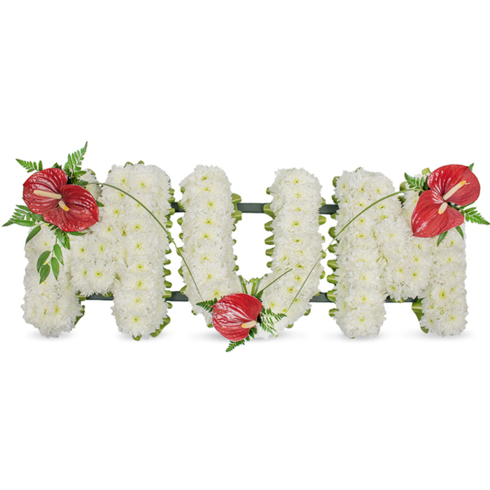 A poignant and meticulously crafted floral tribute spells 'MUM' in capital letters, presented against a pure white background so every texture and colour reads clearly. Each letter is densely formed from small, immaculate white spray chrysanthemums; the surface becomes gently billowed and almost tactile, like a soft white quilt. A discreet dark green framework underpins the letters and shows as a thin outline, giving the piece structure without disrupting the visual softness. Three glossy red anthuriums provide a warm, luminous contrast - one placed on the upper left of the first 'M', a second nestled into the lower curve of the 'U', and the third adorning the upper right of the final 'M' - each highlighted by its pale yellow-to-white spadix. Around these focal blooms, clusters of deep green foliage, slender fern fronds, and arching grassy stems add layers of movement and organic rhythm; the grass-like stems gently bridge the red blossoms and sweep across the white letters, unifying the composition. The lighting is soft and natural, casting delicate shadows between chrysanthemums and imparting a quiet glow that enhances the arrangement's dignity. Intended as a solemn memorial for a mother, this piece conveys compassion, remembrance, and respect - a traditional sympathy design that would sit respectfully at a funeral service, wake, or graveside. The style and craftsmanship recall the calm neighbourhood of Stamford Hill near Clapton Common and Clissold Park, where local families seek tasteful tributes that honour a loved one with quiet beauty.