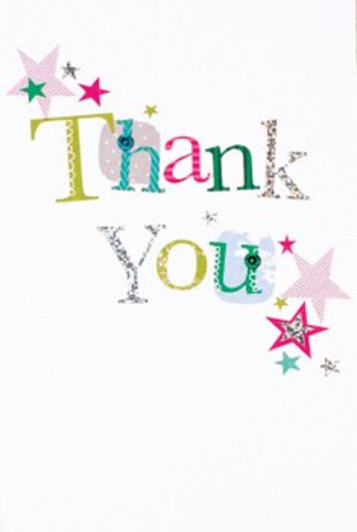 This thank you card, resting against a crisp white backdrop like the blank canvas of an artist's desk in Stamford Hill, radiates a sense of quiet exuberance. Each letter in 'Thank You' reveals a character all its own: some playful with cheerfully dotted textures and gently curved outlines, others sophisticated, their strokes evoking soft musicality like the laughter echoing from local cafés on Clapton Common. Arrays of vibrant stars-swathed in pink stripes, turquoise, and a whisper of silvery light-gather near the heartfelt message, blessing it with added joy and local charm. The composition breathes with modern openness and subtle flair, much like the community gardens tucked between Stamford Hill's terraced streets. There is an unmistakable sophistication-a perfect balance between festive whimsy and gentle warmth, neither too extravagant nor too reserved. It's just the type of card that would nestle gracefully beside a bouquet, ideal for expressing gratitude during neighbourhood gatherings or spontaneous moments of thanks. This design channels the uplifting spirit of Stamford Hill, elevating every gesture with a touch of floral delight and memorable sincerity.